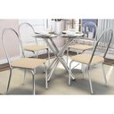Ver imagem 1 de Sala de Jantar Completa Volga c/ Tampo Vidro 95cm + 4 Cadeiras Noruega Cromado/Courano Nude -