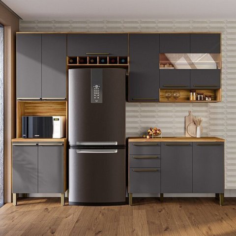 Cozinha Compacta Modulada 4 Peças 11 Portas com Vidro e Tampo 266cm 100% MDF Itália Espresso Móveis Cinza/Amêndoa/Chumbo