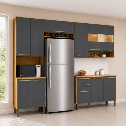 Cozinha Compacta Modulada 4 Peças 11 Portas com Vidro e Tampo 266cm 100% MDF Itália Espresso Móveis Cinza/Amêndoa/Chumbo