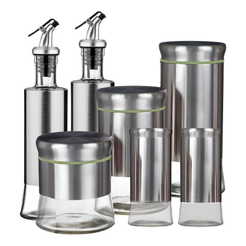Conjunto Galheteiro 7 Peças Aço Inox e Vidro P/ Condimentos