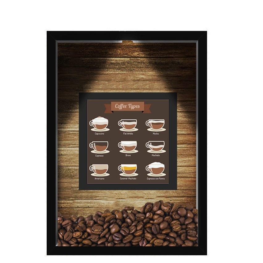 QUADRO DUPLO CAIXA 33X43 (COM LED )PORTA GRÃOS DE CAFE Nerderia e Lojaria graos cafe tipos preto