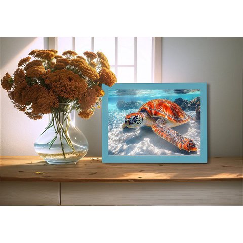 Quadro Decorativo Tartaruga Marinha + Vidro 33x25 Escritório:azul