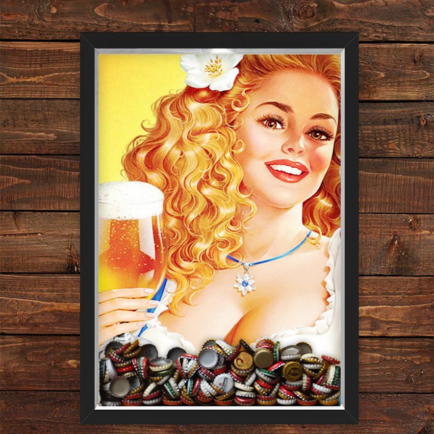 Quadro Caixa Porta Tampinha Cerveja 33x43 cm (Com Led) Lojaria e Nerderia. pin up girl beer preto