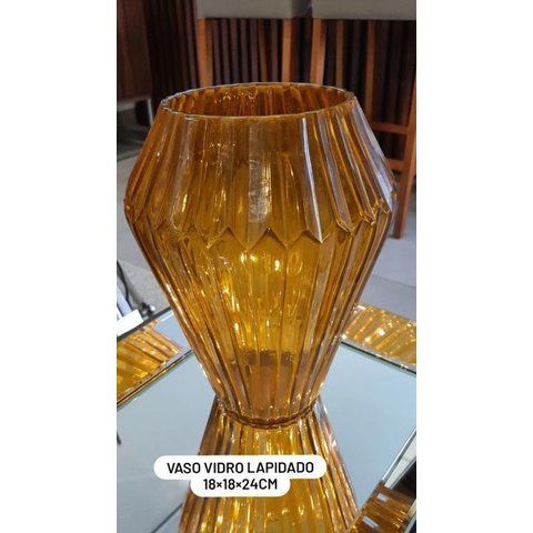 Vaso Vidro Lapidado Detalhe Triangulos Amarelo Escuro 18x18x24c