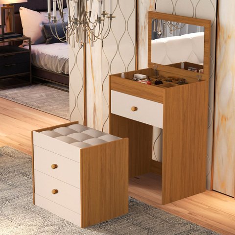 Penteadeira Olivia 3 Gavetas Banqueta Embutida com Rodizios Nature/off White