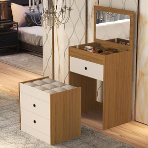 Penteadeira Olivia 3 Gavetas Banqueta Embutida com Rodizios Nature/off White