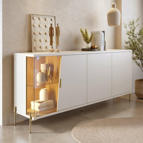 Buffet Aparador Sala de Jantar 179cm com LED Mercuri Off/Freijó C05 - Mpozenato