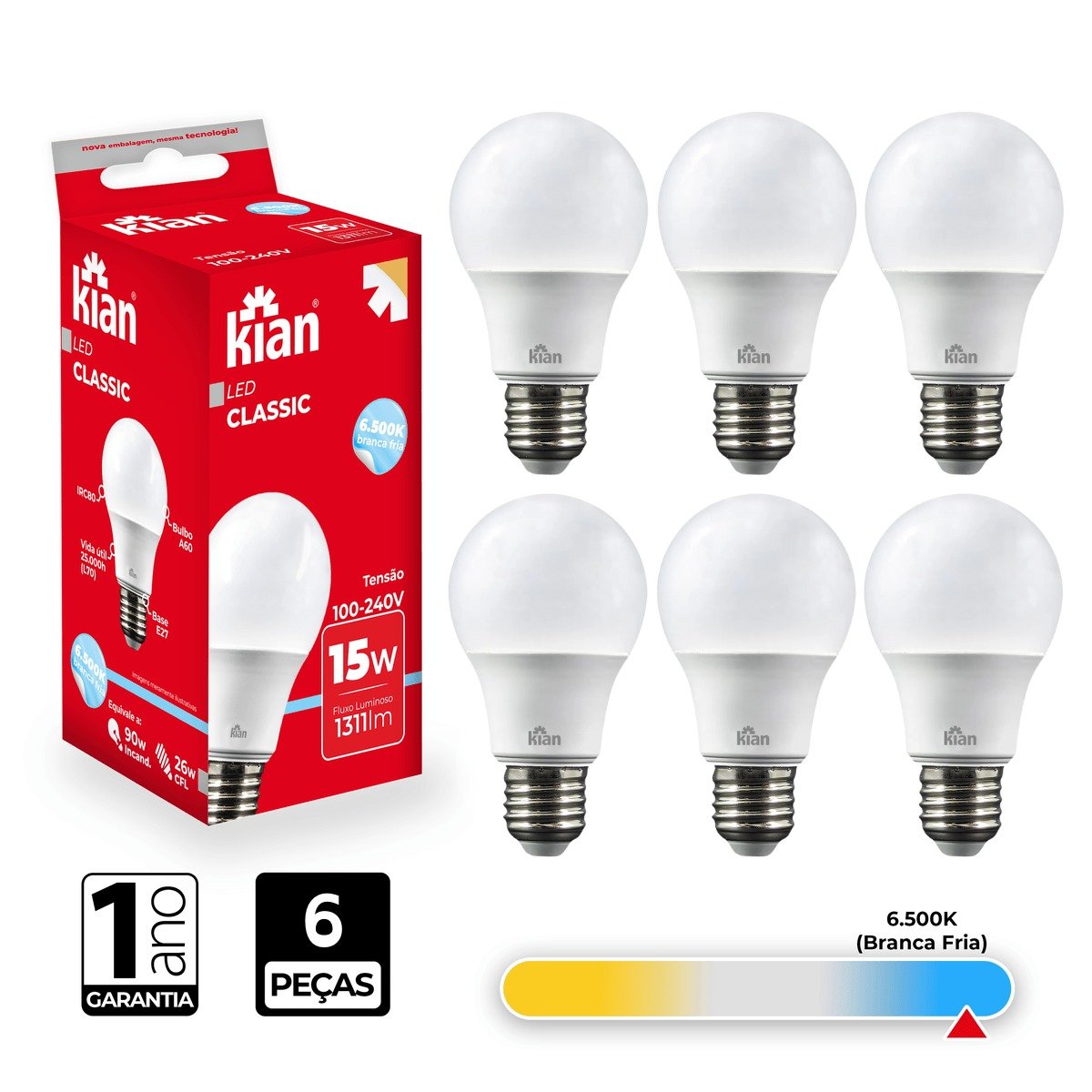 Lâmpada Led Bulbo Kian 15w 6500k Branca Fria 6 Peças - 2