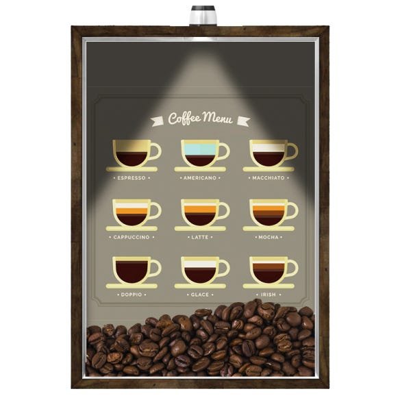 Quadro Caixa Porta GRÃOS DE CAFÉ (Com Led) 23x33 cm Nerderia e Lojaria graos cafe menu preto