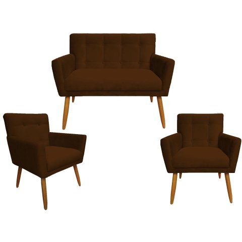 Kit Namoradeira + 2 Poltronas Decorativa Onix Suede Marrom Pés Madeira Ms Decor
