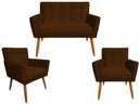 Ver imagem 1 de Kit Namoradeira + 2 Poltronas Decorativa Onix Suede Marrom Pés Madeira Ms Decor