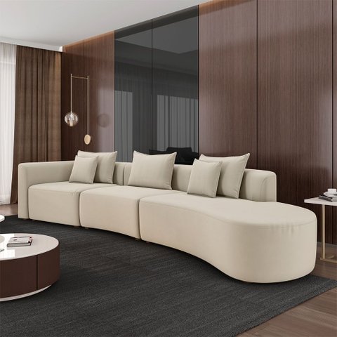 Sofá Curvo Decorativo Kimiko 427cm 5 Lugares Sala de Estar com Chaise Veludo Bege G52 - Gran Belo