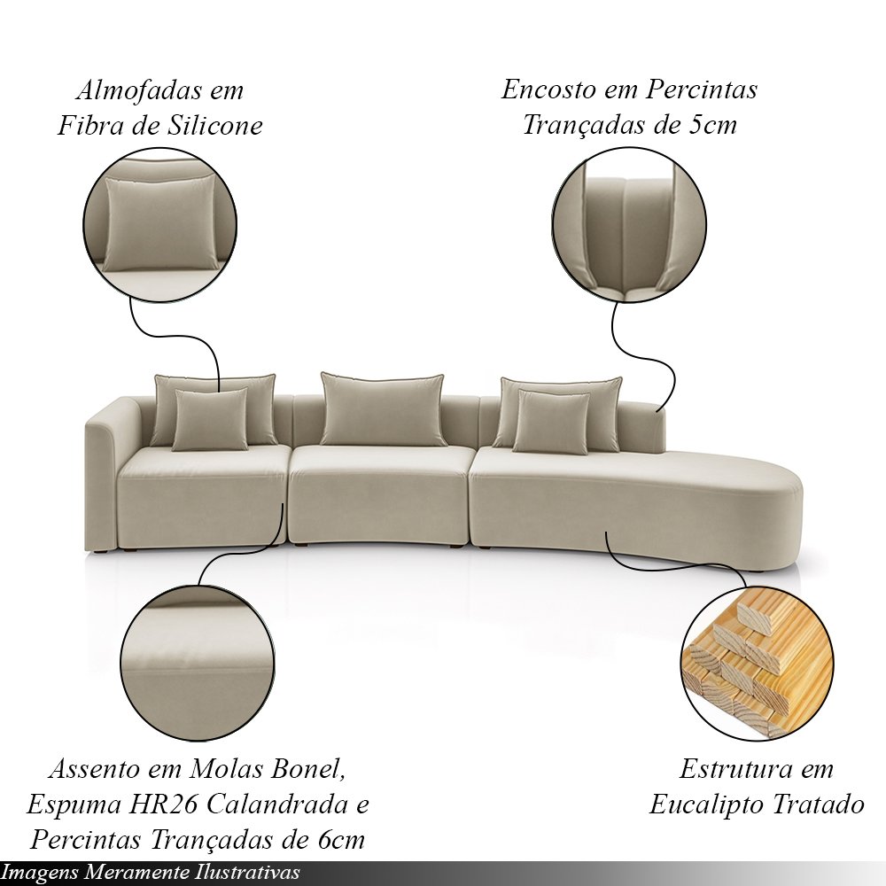 Sofá Curvo Decorativo Kimiko 427cm 5 Lugares Sala de Estar com Chaise Veludo Bege G52 - Gran Belo - 3