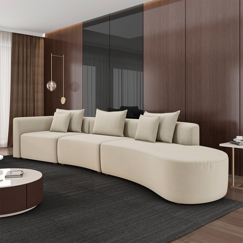 Sofá Curvo Decorativo Kimiko 427cm 5 Lugares Sala de Estar com Chaise Veludo Bege G52 - Gran Belo - 2