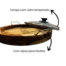 Gamela em Madeira Teca com Alças para Churrasco Redonda com Tampa de Vidro - 2