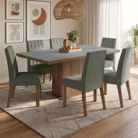 Conjunto Sala de Jantar Tampo de Madeira 6 Cadeiras Rustic/Cinza/Silver Luso Madesa