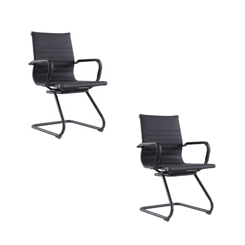 Kit com 2 Cadeiras Escritório Interlocutor Fixa Couro Ecológico/Aço Cromado Manhattan Black - Preto