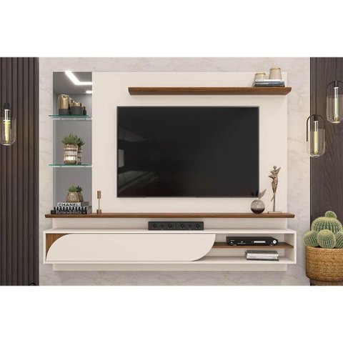 Painel Quarto P/ Tv até 60 Polegadas Ravi C/ Prateleiras e Nicho 180x152cm Off White/freijó - Dj M