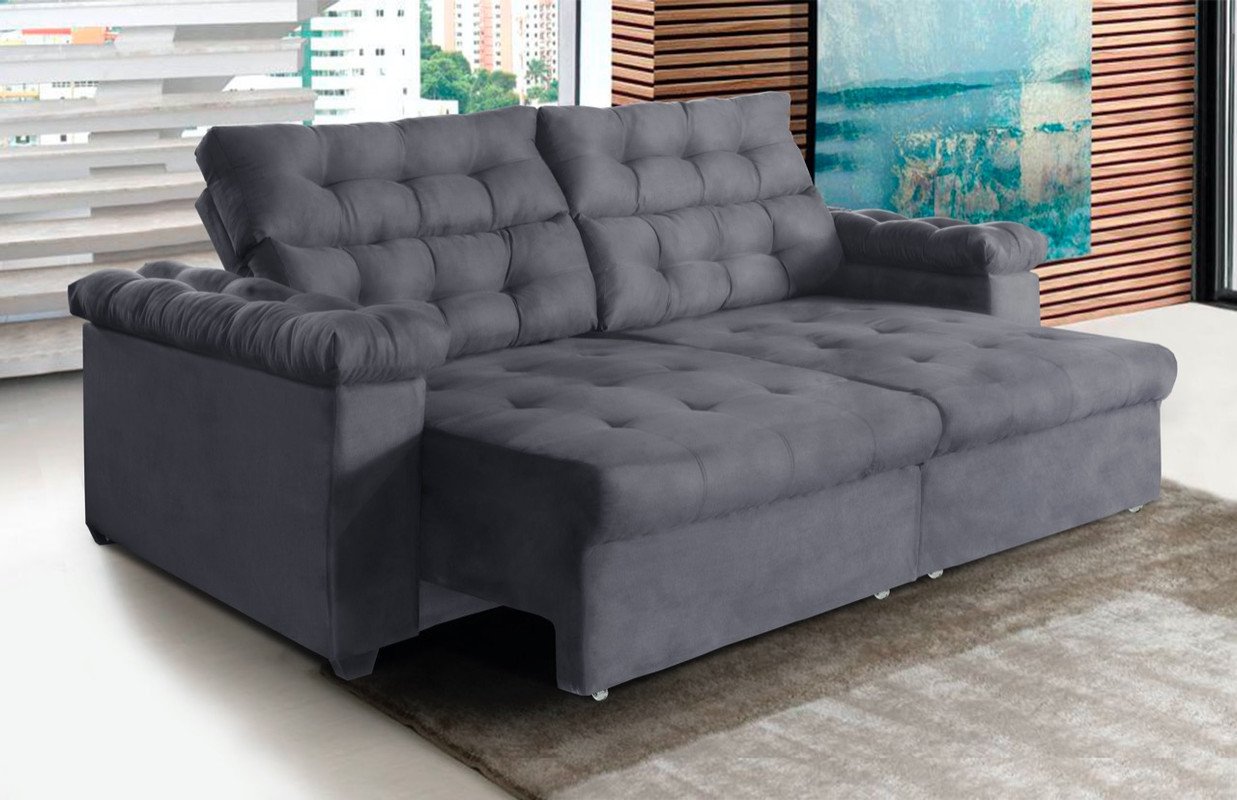 Sofá New Austrália 250 cm Retratil e Reclinavel Suede Cinza – Sofá na Web - 2