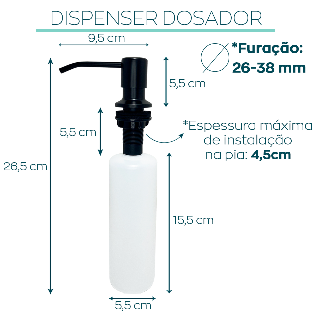 Dispenser dosador detergente preto Inox 304 embutir 350ml Cozinha porta detergente sabonete líquido - 4