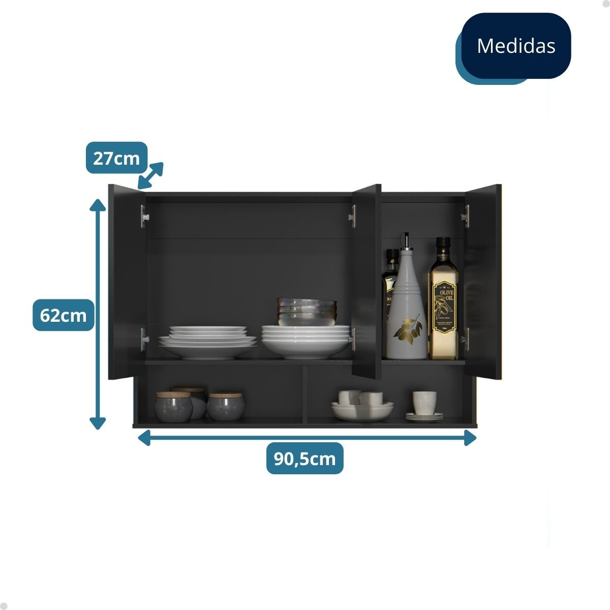 Armário Aéreo 3 Portas Cozinha Lavanderia Quarto - Mod.3026 Cor:preto - 7