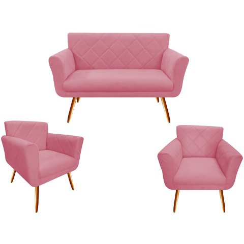 Kit Namoradeira + 2 Poltronas Decorativa Sabrina Suede Rosa Pés Madeira Ms Decor