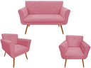 Ver imagem 1 de Kit Namoradeira + 2 Poltronas Decorativa Sabrina Suede Rosa Pés Madeira Ms Decor
