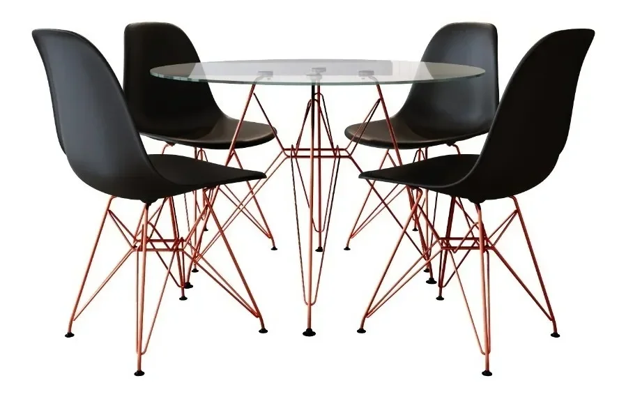 Conjunto De Jantar Eames De Ferro Cobre Tampo Redondo 110cm Vidro 4 Cadeiras Pretas