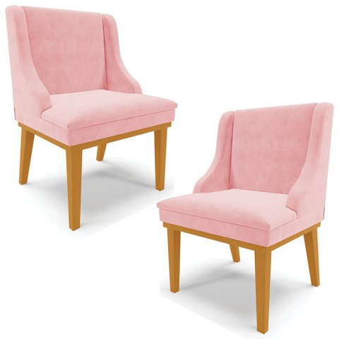 Kit 2 Cadeiras Decorativas Sala de Jantar Base Fixa de Madeira Firenze Suede Rosa Bebê/Castanho G19 
