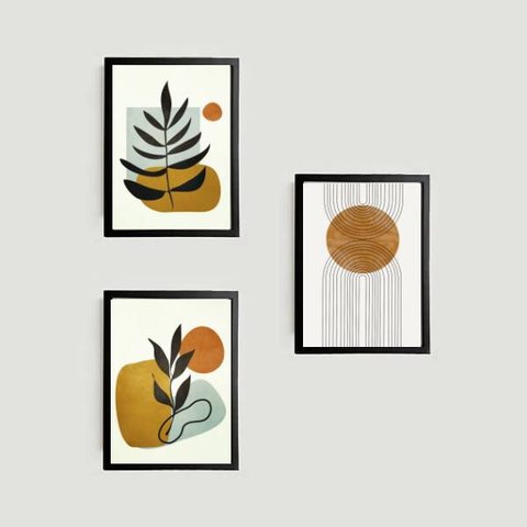 Kit 3 Quadros Abstrato Folha Marrom 24x18cm - com vidro:Madeira preta