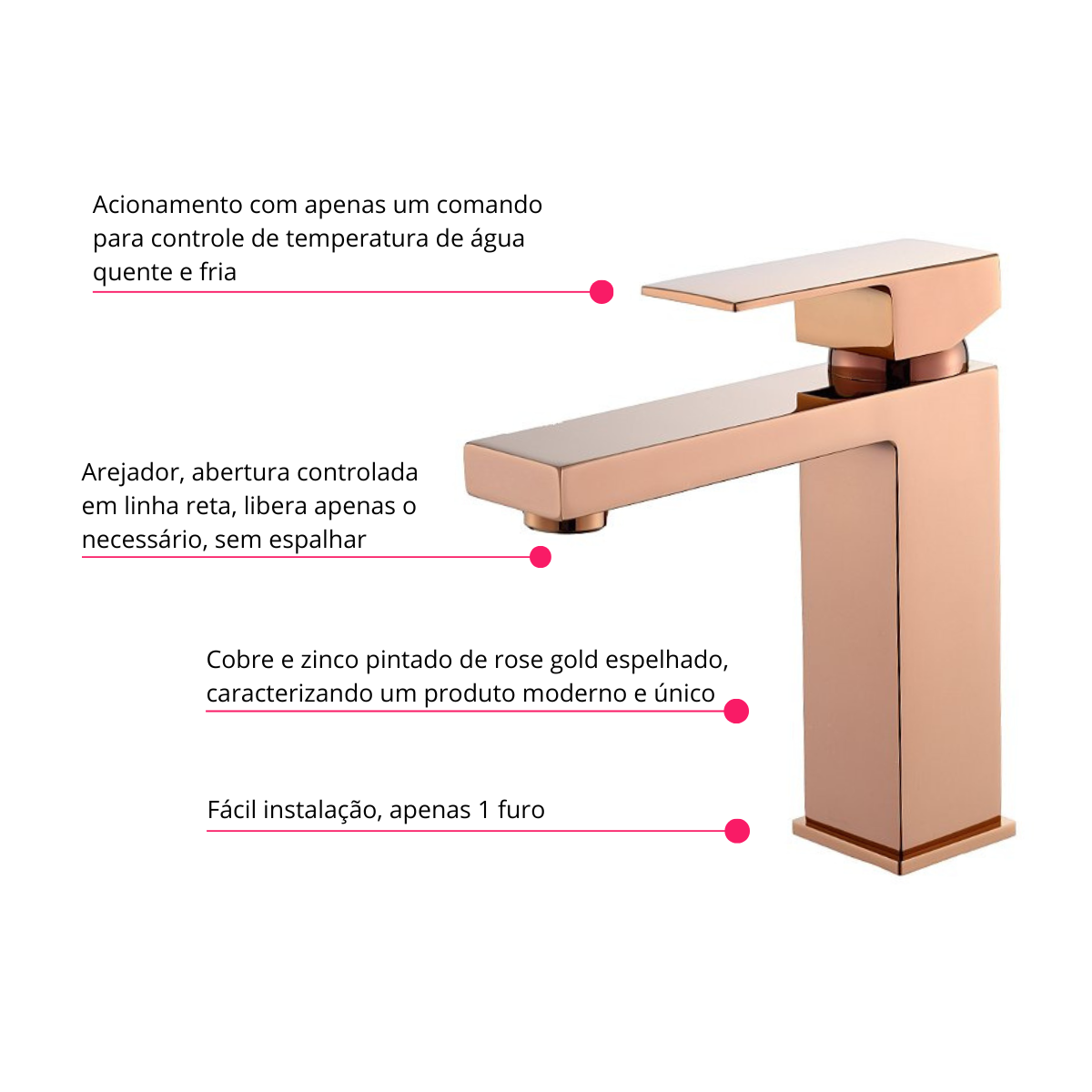 Torneira Monocomando Quadrada Bica Baixa Rose Gold Luxo Banheiro Lavabo Inovartte In49 - 8