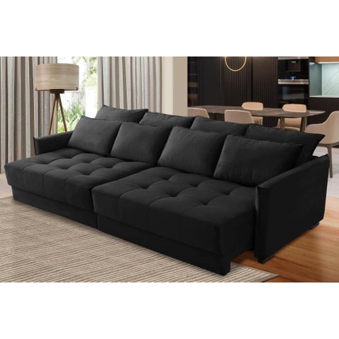 Sofá sem Caixa Retrátil Reclinável 2,10m Cairo Veludo Preto Mirra Decor