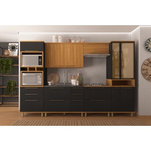 COZINHA COMPLETA PREDILLETA ISADORA MODULADA 6 PECAS 340CM 9 PORTAS 9 GAVETAS SEM TAMPO NOCE OFF