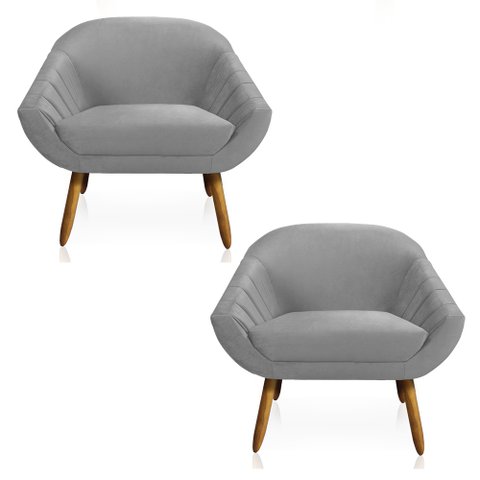 Kit 02 Poltronas Giovana Veludo Pés Palito Castanho - D’Rossi - Cinza