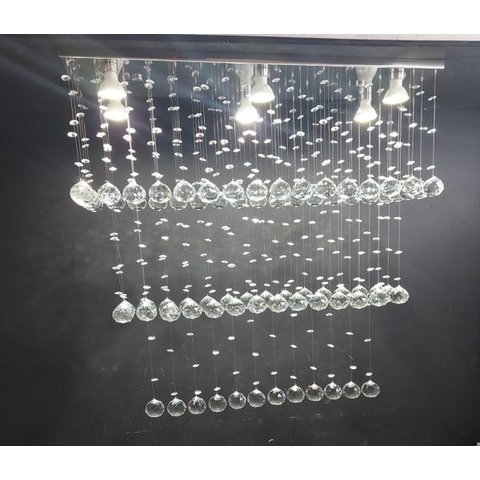 LUSTRE DE CRISTAL PARA SALA DE JANTAR/ESTAR COM 90CM DE ALTURA, BASE DE INOX ESPELHADO COM 70X20CM