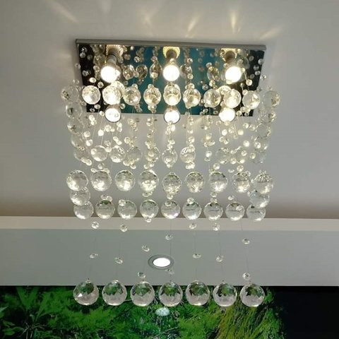 Lustre de Cristal para sala de estar/jantar com 90cm de altura, base de inox polido 70X20cm