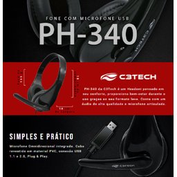Headset Fone Ouvido Usb Com Microfone Telemarketing Callcenter C3Tech Ph-340bk Preto - 6