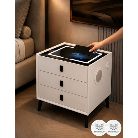 Mesa de Cabeceira Criado Inteligente Luminária Abajur LED 3 Gavetas Carregador Wireless Caixa de Som