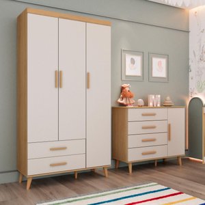 Quarto de Bebê Retrô Ludmila Guarda Roupa 3 Portas Cômoda Infantil com Porta Off White Carolina