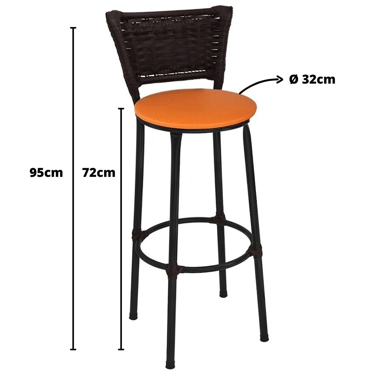 Kit 3 Banquetas Altas Preta com Encosto Junco Argila Assento Laranja - 2