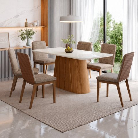 Conjunto Sala de Jantar Mesa Canto Arredondado Off White/Nature/Corano Caramelo