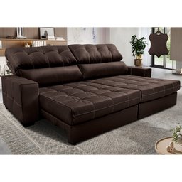 Sofá de Couro Legítimo Retrátil e Reclinável 2,55m Molas Ensacadas Cama Inbox Majesty Marrom - 1
