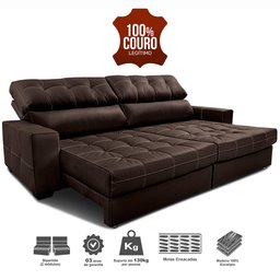 Sofá de Couro Legítimo Retrátil e Reclinável 2,55m Molas Ensacadas Cama Inbox Majesty Marrom - 3