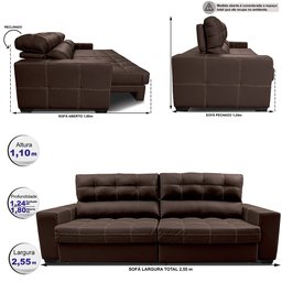 Sofá de Couro Legítimo Retrátil e Reclinável 2,55m Molas Ensacadas Cama Inbox Majesty Marrom - 2
