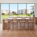 Ver imagem 1 de Kit 4 Banquetas Madeira Mel Balcão Encosto Assento Sintetico:Mel com Sintetico Bege