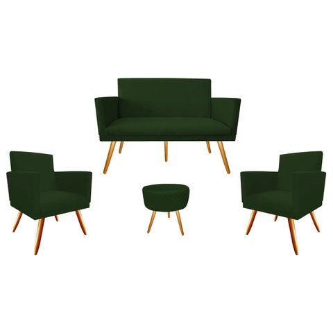 Kit Namoradeira + 2 Poltronas Decorativa Nina + Puff Redondo Suede Verde Pés Madeira Mz Decor