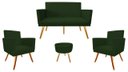 Ver imagem 1 de Kit Namoradeira + 2 Poltronas Decorativa Nina + Puff Redondo Suede Verde Pés Madeira Mz Decor