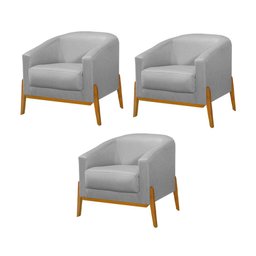 Kit 3 Poltronas Living Base em Madeira Maciça Flórida Linho Cinza - 1