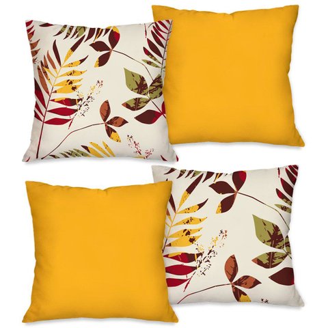 Kit com 4 Capas para Almofadas Decorativas Abstrato Folhas Amarelas
