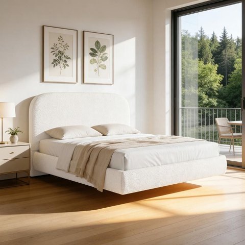 Cama Queen Flutuante com Cabeceira 160cm Aura W01 Bouclê Cru - Lyam Decor